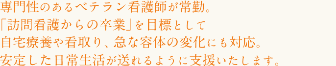 専門性のあるベテラン看護師が常勤。「訪問看護からの卒業」を目標として自宅療養や看取り、急な容体の変化にも対応。安定した日常生活が送れるように支援いたします。