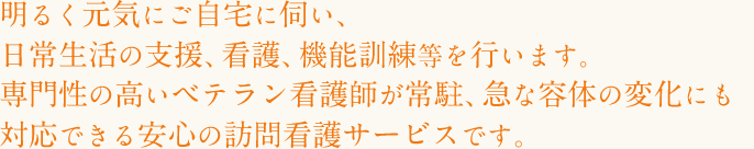 明るく元気にご自宅に伺い、日常生活の支援、看護、機能訓練等を行います。専門性の高いベテラン看護師が常駐、急な容体の変化にも対応できる安心の訪問看護サービスです。